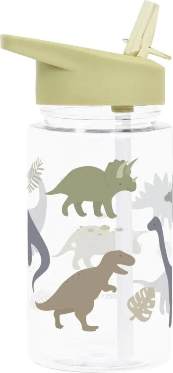 A Little Lovely Company Dětská lahev s brčkem Dinosaurus 450 ml, zelená barva, plast