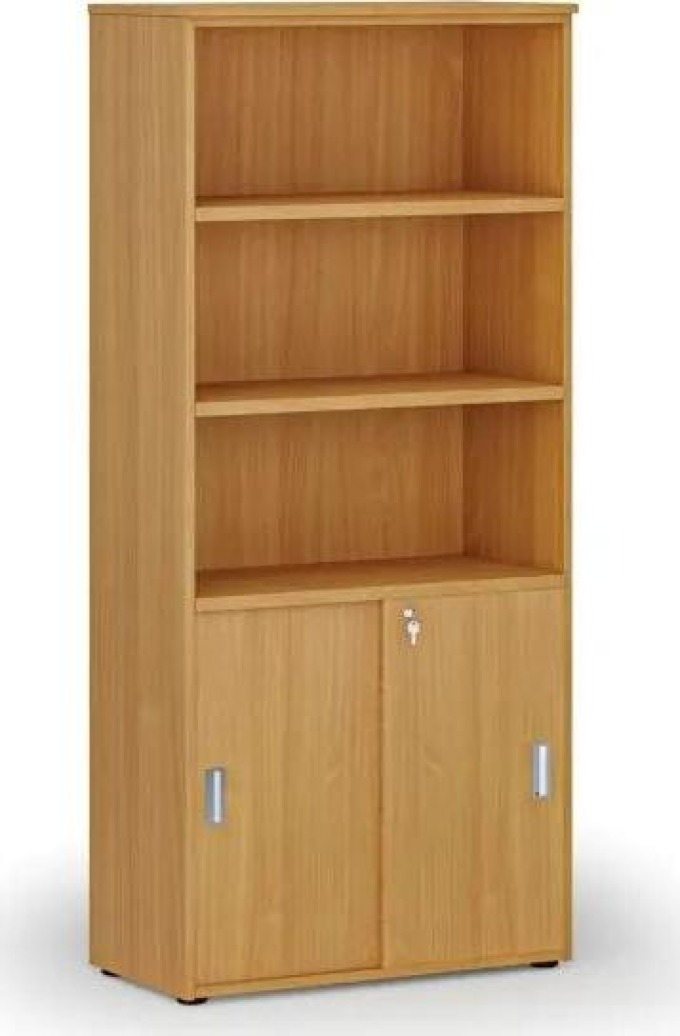 Kombinovaná kancelářská skříň PRIMO WOOD, zasouvací dveře na 2 patra, 1781 x 800 x 420 mm, buk