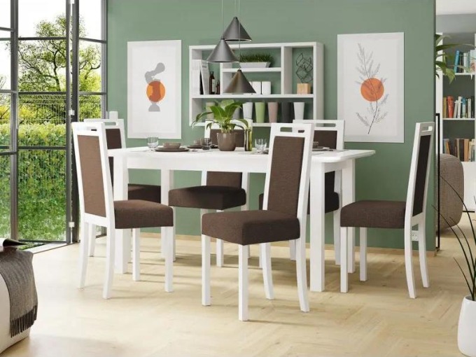 Rozkládací jídelní stůl se 6 židlemi AL10, Barva dřeva: bílá, Potah: Soro 28