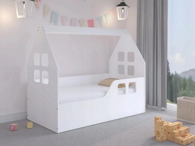 Kvalitní dětská postel 140 x 70 cm bílé barvy ve tvaru domečku