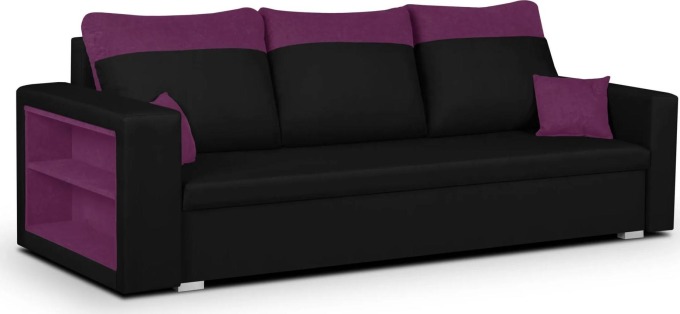 Rozkládací pohovka s funkcí spaní a nádobou na podestýlku v černé/fialové barvě, vhodná do obývacího pokoje nebo domácí kanceláře