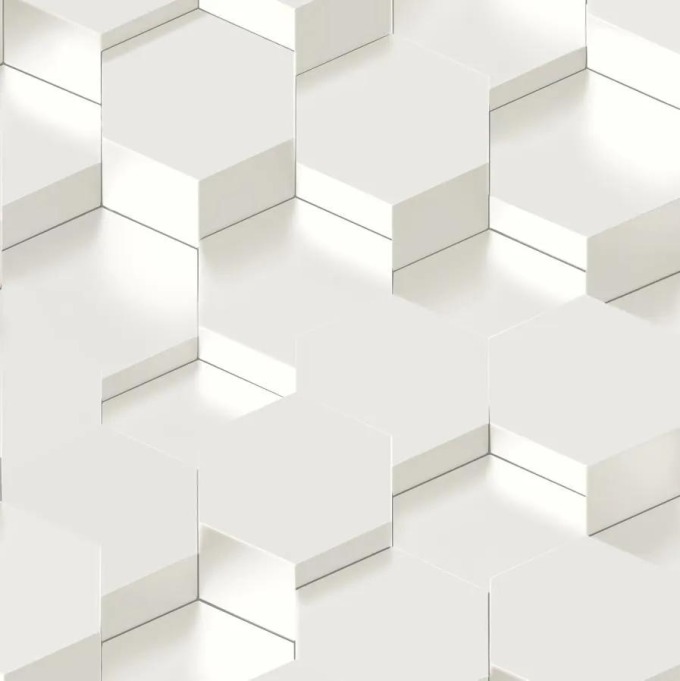 Vliesové tapety na zeď s 3D hexagony kovově bílého designu, rozměr 10,05 m x 0,53 m, odolné, omyvatelné a snadno odstranitelné