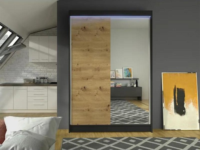 Posuvná skříň se zrcadlem Parys I, Barva: černá/dub artisan, Osvětlení: osvětlení LED RGB - barevné