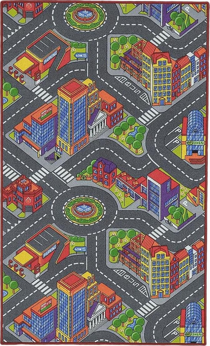 Kusový koberec BIG CITY 97 s dekorem města a vesnice, silnicemi a cestami, vhodný pro dětský pokojíček, výrobený z odolného polyamidu