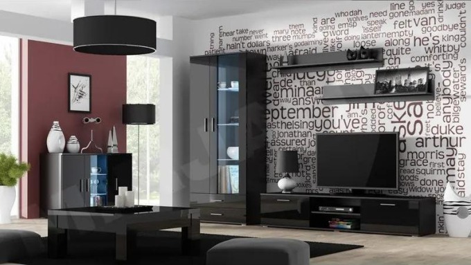 Obývací stěna Boho IX, Osvětlení: osvětlení LED - modré, Barva: černý / černý lesk