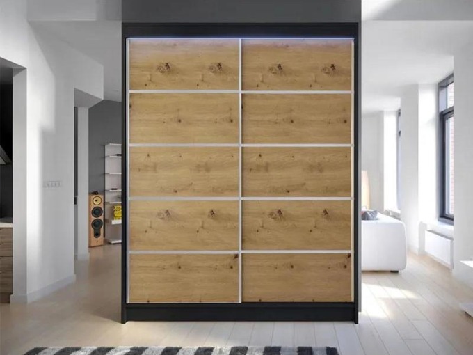 Posuvná skříň Belgia IV, Barva: černá/dub artisan, Osvětlení: osvětlení LED RGB - barevné
