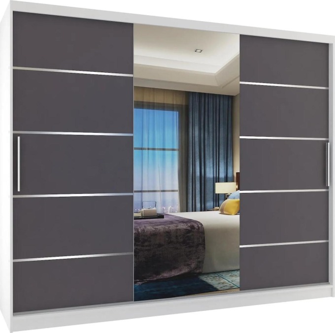 Šatní skříň 232 cm Belini bílý mat / šedý mat s posuvnými dveřmi zrcadlem a zásuvkami MBP SZP8/0/1W/2SR1L/0/KLAL