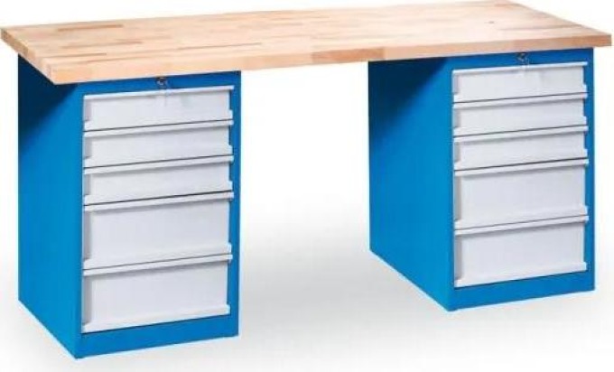 Dílenský pracovní stůl GÜDE Variant se 2 zásuvkovými dílenskými boxy na nářadí, buková spárovka, 10 zásuvek, 1700 x 800 x 850 mm, modrá