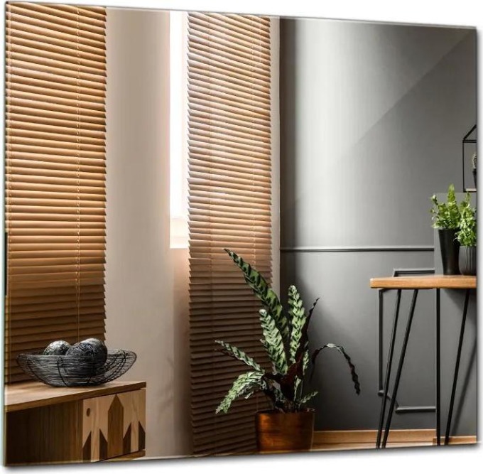 Obdélníkové zrcadlo bez rámu o rozměrech 50x50 cm s minimalistickým a moderním designem, které se hodí do každého interiéru