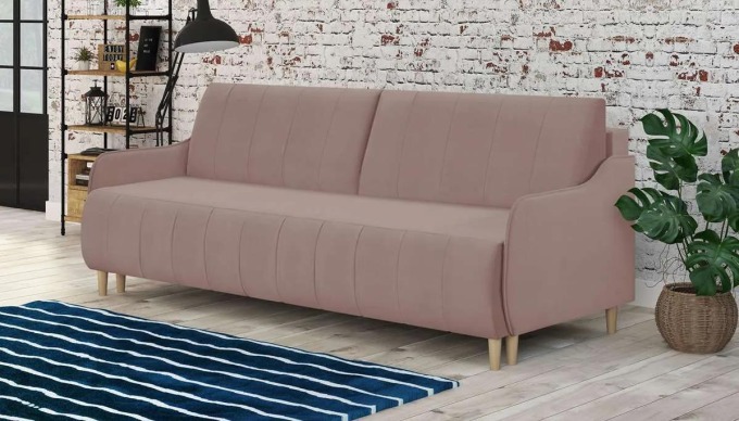 Rozkládací pohovka GALA Růžová - Třímístná pohovka ve skandinávském stylu s elegantními dřevěnými nožkami v barvě dubu sonoma a funkcí spaní a úložným prostorem