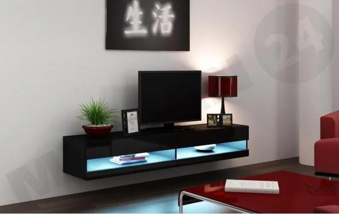 TV stolek Zigo New 180, Osvětlení: osvětlení LED - bílé, Barva: černý / černý lesk