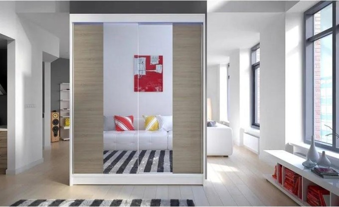 Šatní skříň Belgia II, Barva: bílá + sonoma + zrcadlo, Osvětlení: osvětlení LED RGB - barevné