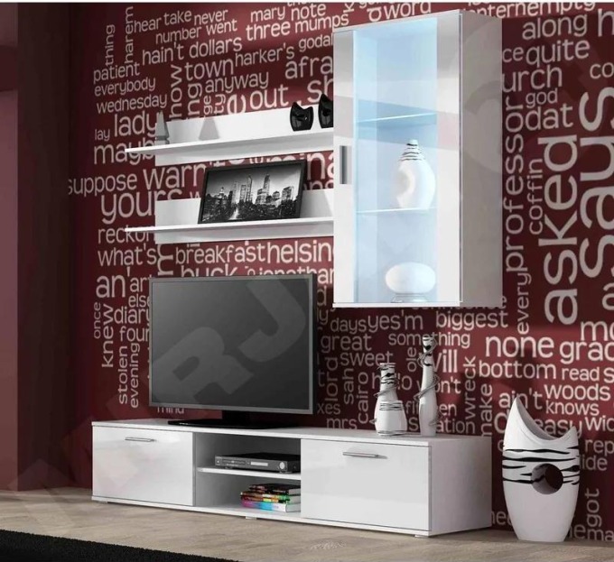 Obývací stěna Boho V, Osvětlení: osvětlení LED - modré, Barva: bílá / bílá lesk