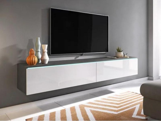 Velkorozměrný závěsný TV stolek Dlone 180 s LED osvětlením, bílý lesk
