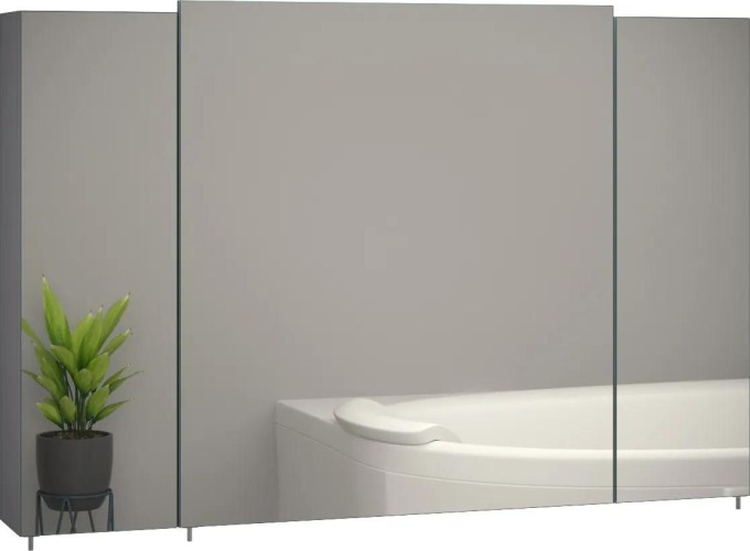 Zrcadlová skříňka do koupelny s moderním a minimalistickým designem, rozměry 80 x 65 x 11,4 cm, vyrobená z šedé MDF desky a vybavená kvalitními soft close panty a rukojetmi z nerezové oceli