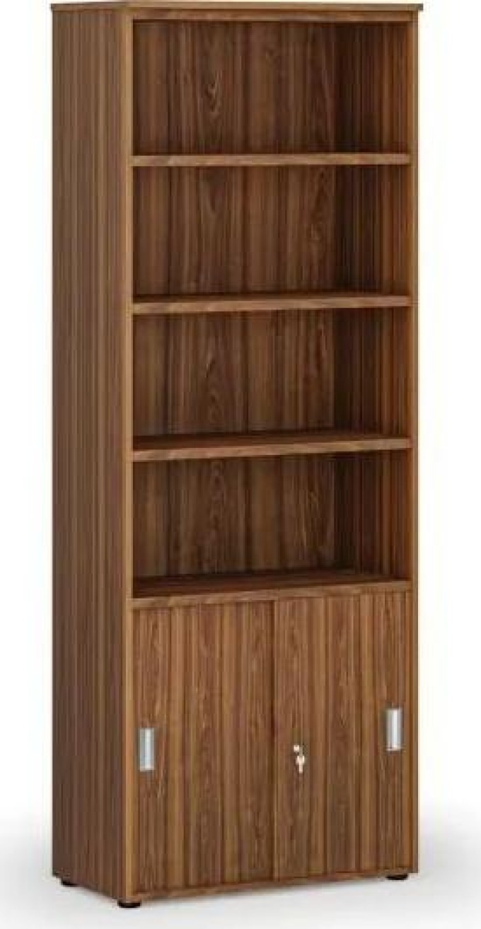 Kombinovaná kancelářská skříň PRIMO WOOD, zasouvací dveře na 2 patra, 2128 x 800 x 420 mm, ořech