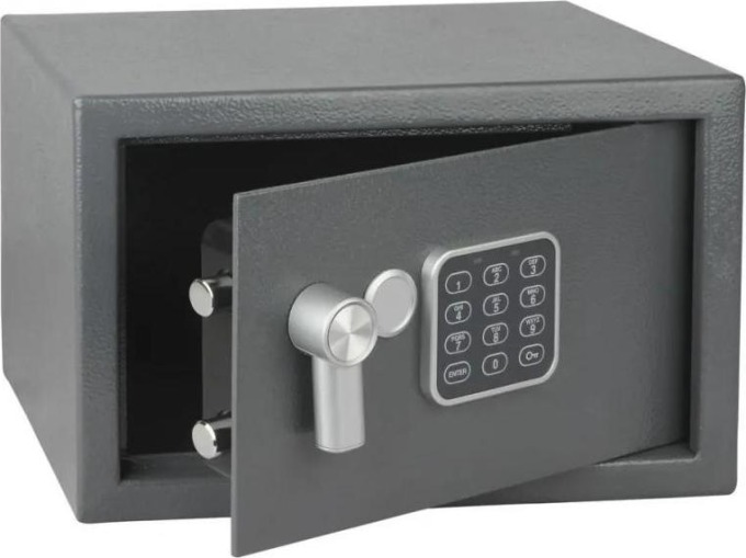 Ocelový sejf s elektronickým zámkem a šedivou barvou, rozměry vnitřní 306 x 196 x 140 mm, rozměry vnější 310 x 200 x 200 mm