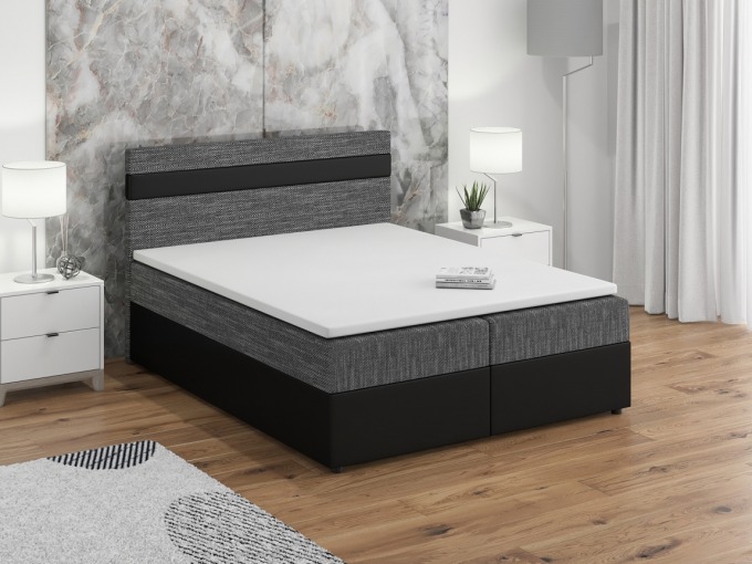 Postel boxspring MACAO 160x200 cm, šedá látka/černá ekokůže