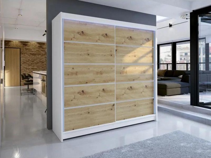 Posuvná skříň Bar IV, Barva: bíla/dub artisan, Osvětlení: osvětlení LED RGB - barevné