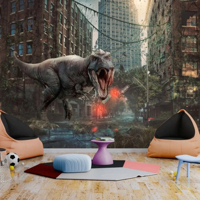 Samolepící fototapeta - Dinosaurus ve městě fantazie 98x70
