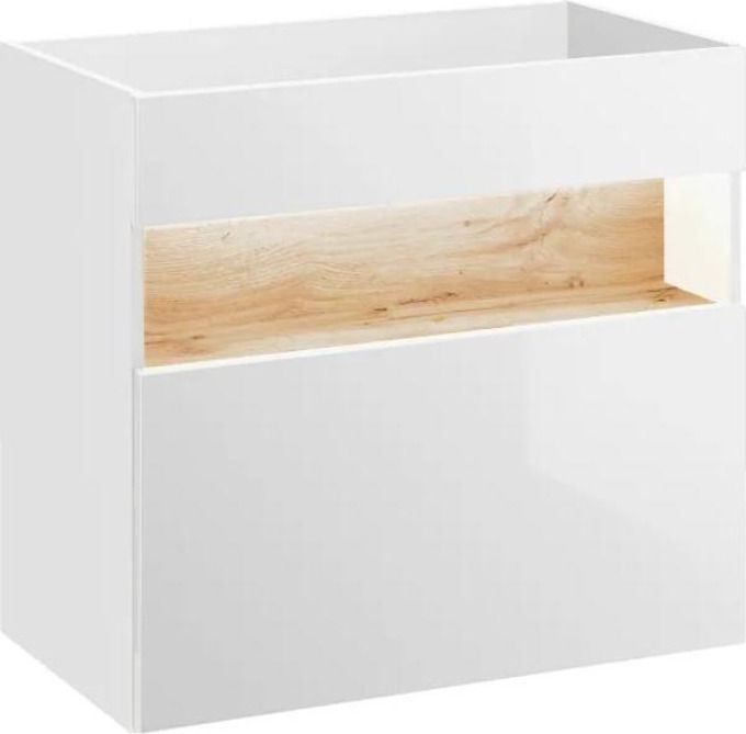 Závěsná skříňka pod umyvadlo v bílé barvě s dekorem dřeva a lesklým čelem zásuvky