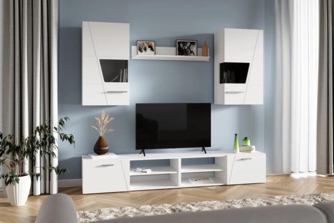 Obývací stěna Montana - bílá: Závěsná skříňka levá, závěsná skříňka pravá, závěsná police, TV stolek levý, TV stolek pravý - vyrobeno z lamina a MDF, 3 barevné kombinace, celková šířka sestavy 219,5 cm