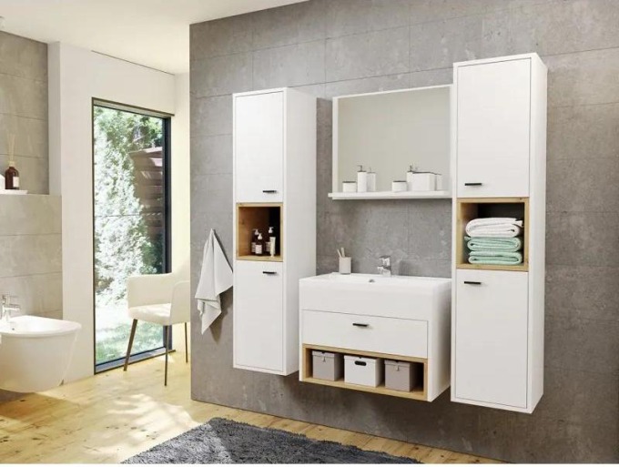 Koupelnový nábytek Olier II, Barva: bílý / bílý + dub artisan, Sifon k umyvadlu: ano, Baterie: ne, Baterie: bez baterie