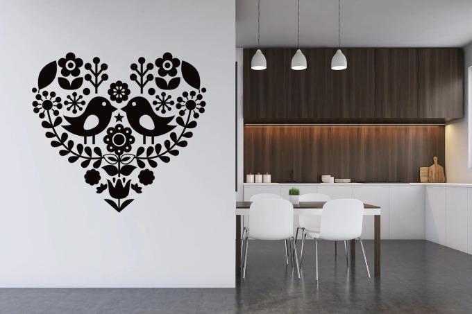 Lepy.cz Samolepka na zeď Srdce z ptáků a květin Velikost (šířka x výška): l10x101cm, Barevná varianta: Levandulová