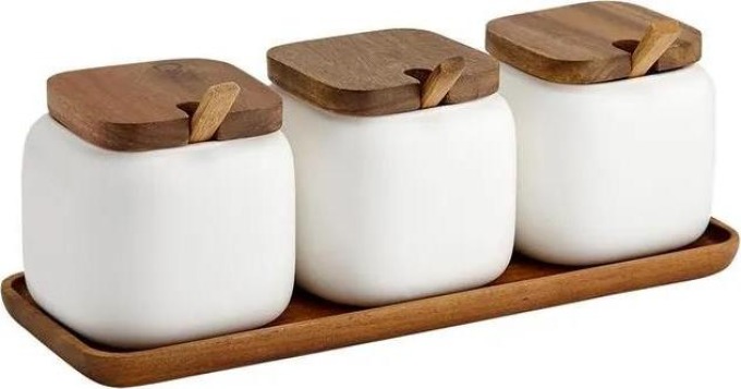 Sada dóz z porcelánu a akáciového dřeva Essentials, 7 dílů