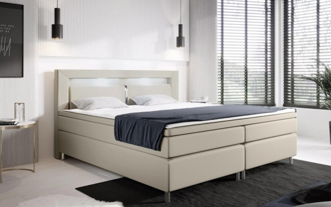 Boxspring postel HYPNOS bez úložného prostoru s LED, 180×200 cm, latté eko kůže Velikost postele: 180 × 200 cm, Výběr matrace: Oboustranná pružinová…