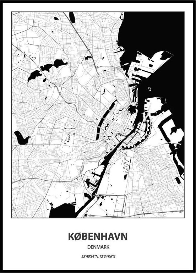Plakát Mapa města (více variant měst) Rozměr plakátu: A4 (21 x 29,7 cm), Město: Kobenhavn