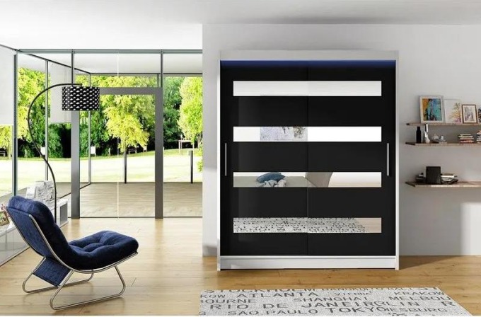 Šatní skříň Presto XIII, Barva: bílá + černá + zrcadlo, Osvětlení: osvětlení LED RGB - barevné
