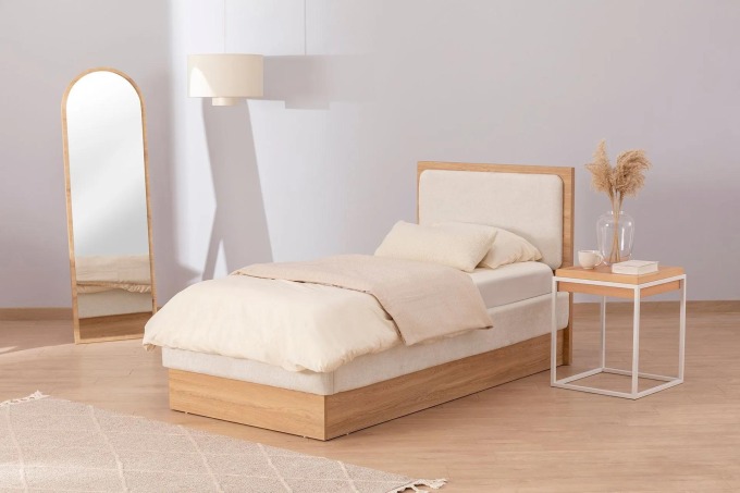 Krémová postel s úložným prostorem LUNA Pandia,90x190