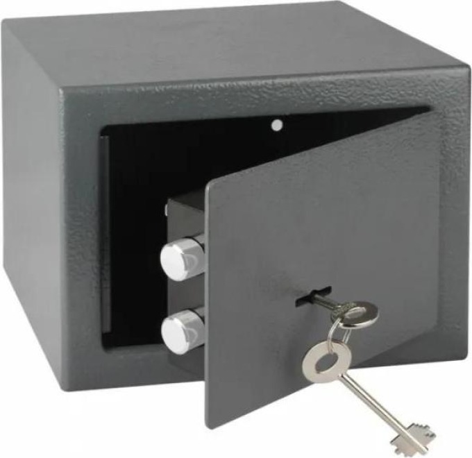 Ocelový sejf s mechanickým zámkem, obsahuje 2 ks klíčů, šedivá barva, hmotnost 3,2 kg, vnitřní rozměry 228 x 168 x 110 mm, vnější rozměry 230 x 170 x 170 mm