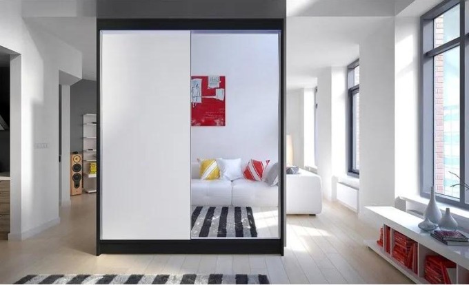 Šatní skříň Belgia I, Barva: černý + bílá + zrcadlo, Osvětlení: osvětlení LED RGB - barevné