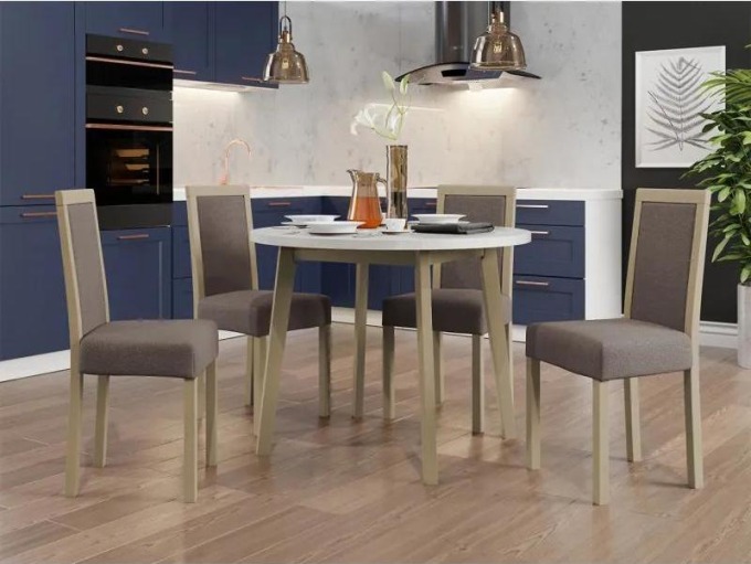 Jídelní stůl se 4 židlemi AL081, Barva dřeva: bílá-L, Potah: Hygge D20, Barvy nožiček: Sonoma