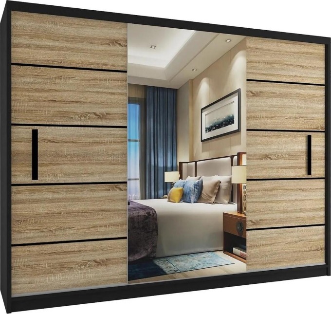 Šatní skříň 232 cm Belini černý mat / dub sonoma s posuvnými dveřmi a zrcadlem Výrobce MZ SZP4/2/1B/2DS1L/0/BL
