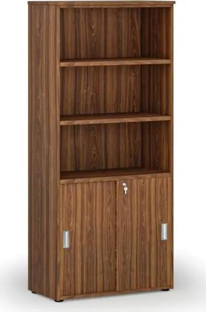 Kombinovaná kancelářská skříň PRIMO WOOD, zasouvací dveře na 2 patra, 1781 x 800 x 420 mm, ořech