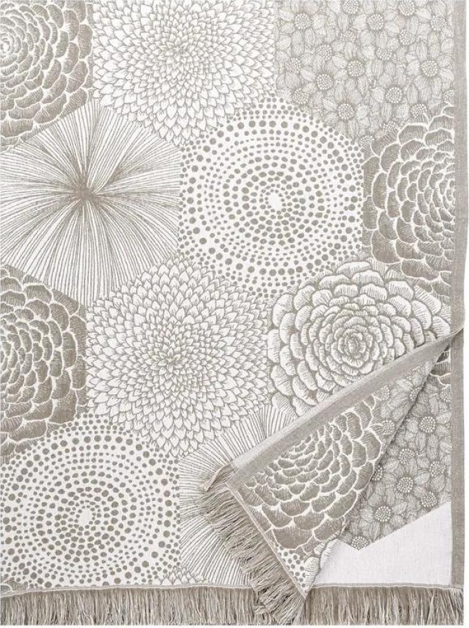 Lněná deka / ubrus Ruut 140x240, len-bílá - Luxusní deka / ubrus s květinovým vzorem v béžovobílém provedení