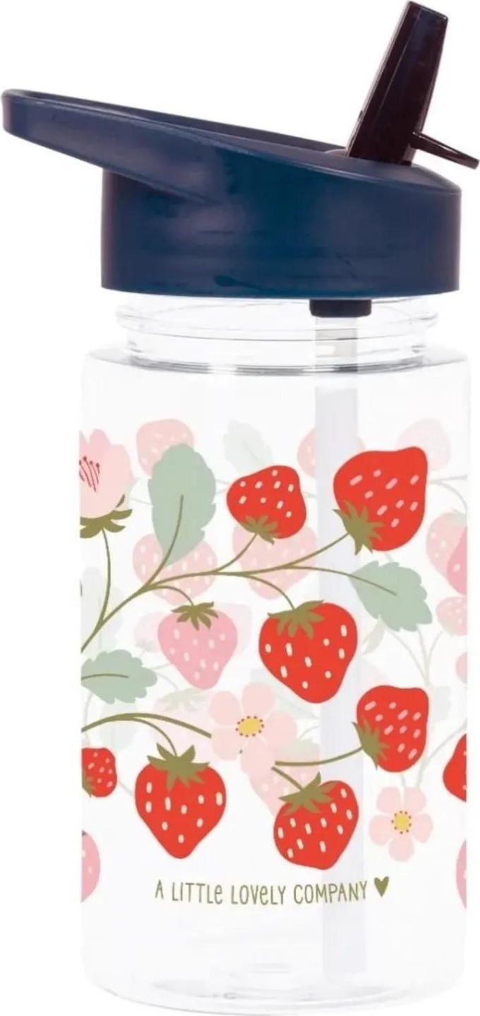 A Little Lovely Company Dětská lahev s brčkem Strawberries 450 ml, červená barva, plast