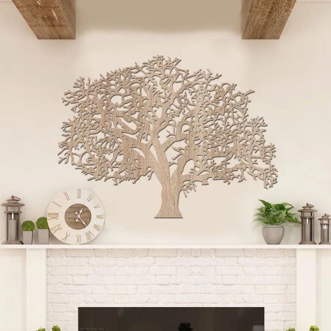 Dřevěný strom života na zeď XXL s rozměry 60x45 cm ve světlém dubovém vzoru