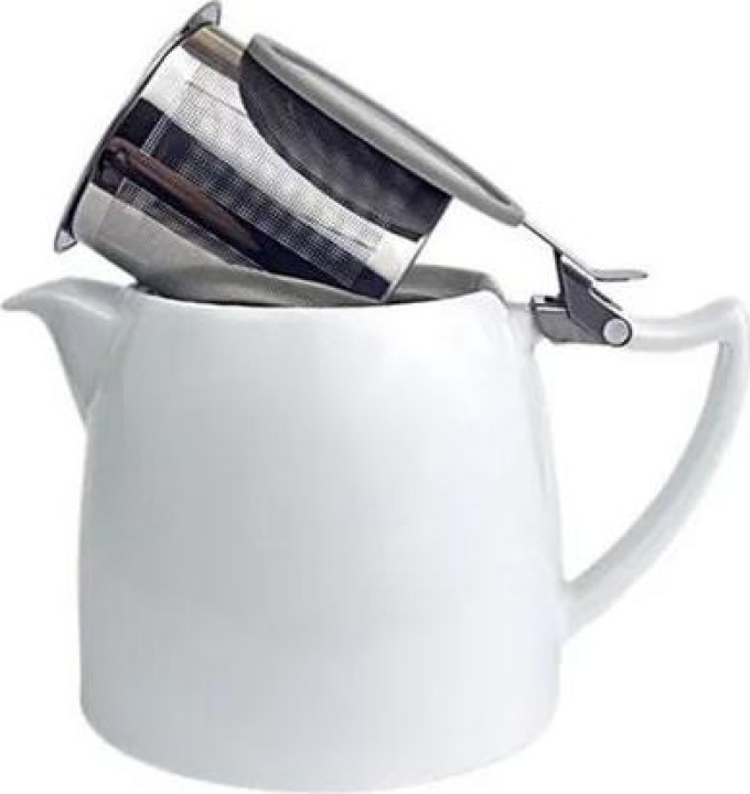 Bílá konvička na čaj s nerezovým víčkem a sítkem o objemu 650ml
