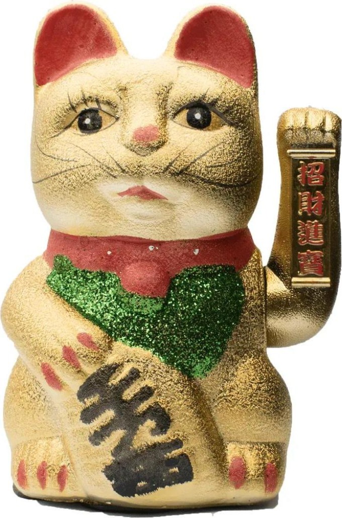 Mávající kočička Maneki Neko - soška feng shui přinášející štěstí a bohatství