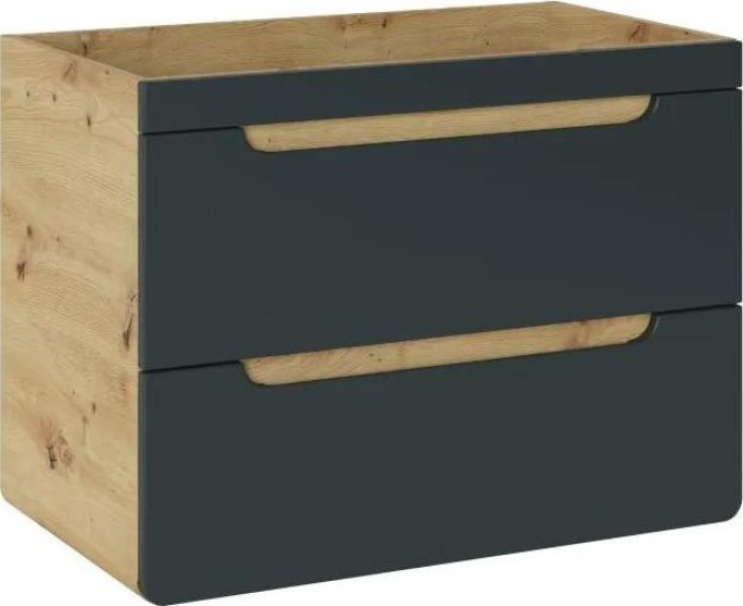 Moderní závěsná skříňka pod umyvadlo ARUBA 821 cosmos s 2 zásuvkami a elegantními úchyty v dekoru dřeva a matné černé barvě