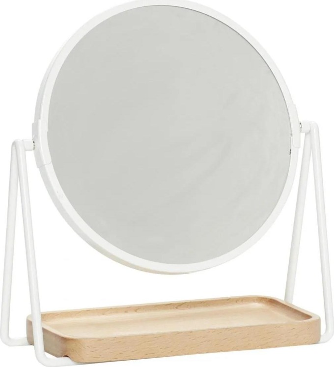 Hübsch Stolní zrcadlo s dřevěným táckem White, bílá barva, přírodní barva, sklo, dřevo