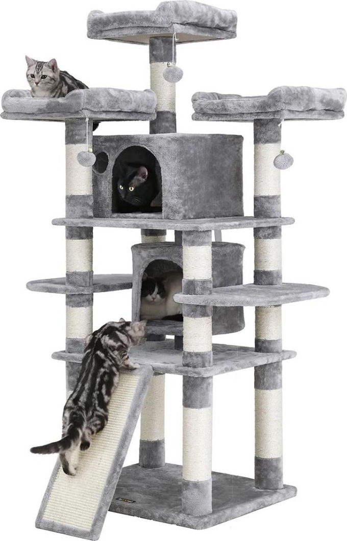 Kočičí škrabadlo ve tvaru stromu s velkou věží a vyhlídkovými plošinami, polstrováním a stabilní houpací sítí pro dokonalý odpočinek vašich koček