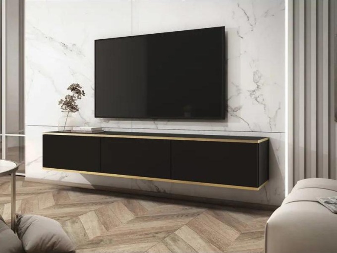 Stolek pro televizi s moderním designem a zlatými detaily, které dodávají eleganci a moderní výraz