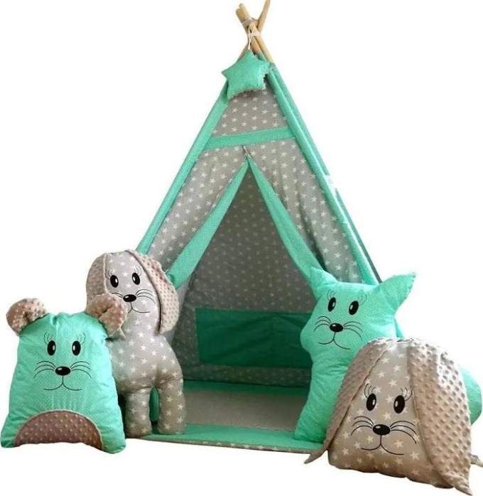Dětský stan Teepee (Týpí) EXCLUSIVE s doplňky - MÁTOVÝ, vyrobený z 100% bavlny, je skvělým herním i odpočinkovým místem pro vaše dítě