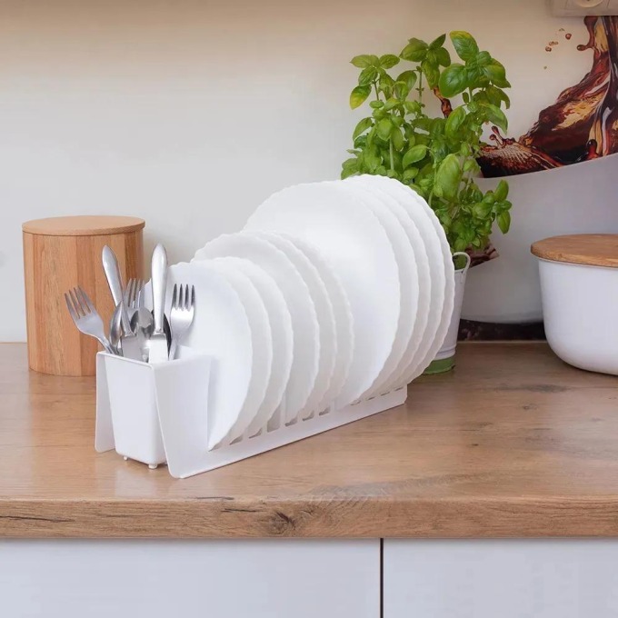 Minimalistický odkapávač na nádobí, až 12 talířů + příbory, bílý