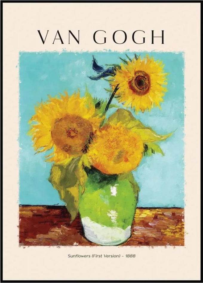 Plakát s obrazem Vincenta van Gogha - Slunečnice ve formátu A4 (21 x 29,7 cm) vytištěný na kvalitním 200 g papíru s polomatným povrchem